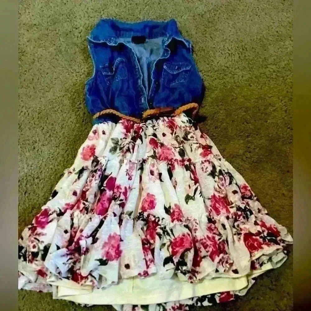 Girls Jean/floral dress with belt- size 8